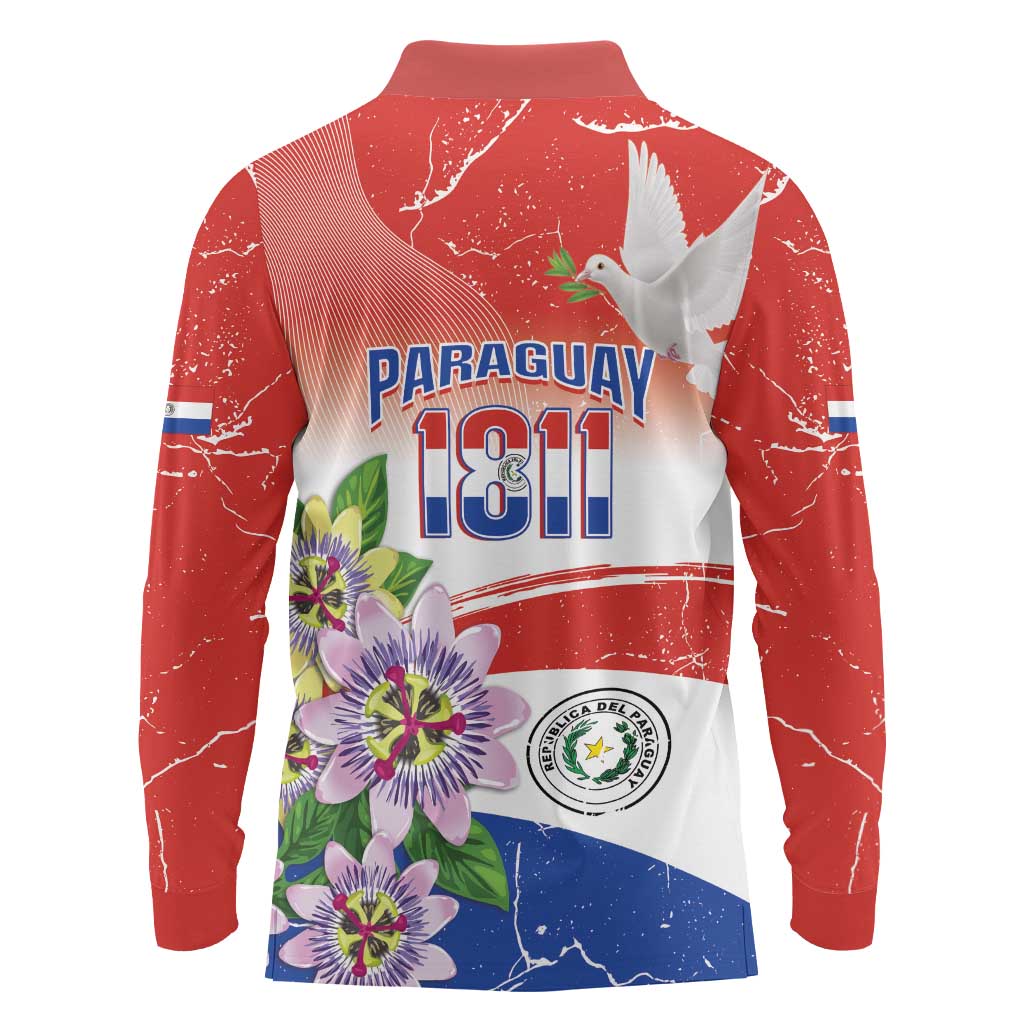 Paraguay 1811 Independence Day Long Sleeve Polo Shirt Grunge Flag Mix Passion Flowers
