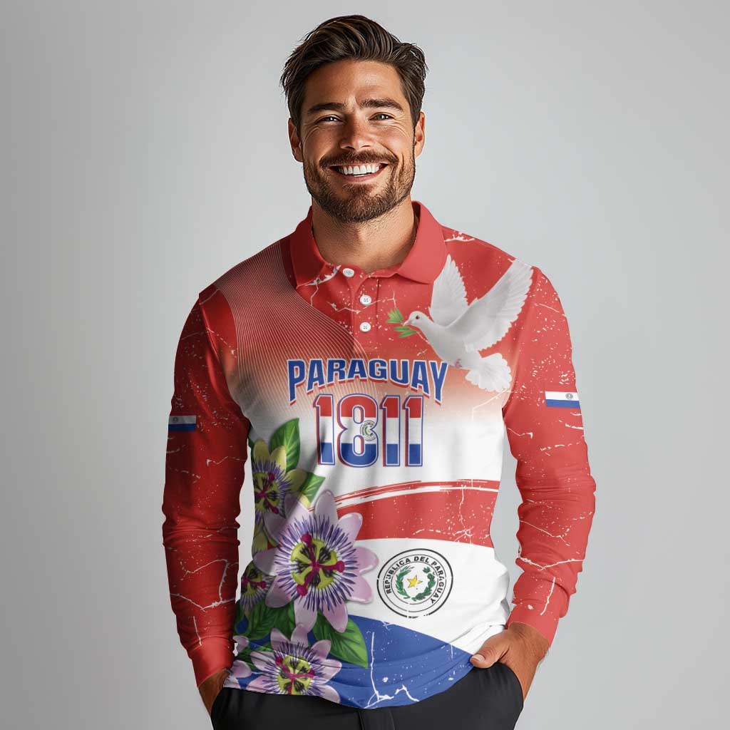 Paraguay 1811 Independence Day Long Sleeve Polo Shirt Grunge Flag Mix Passion Flowers