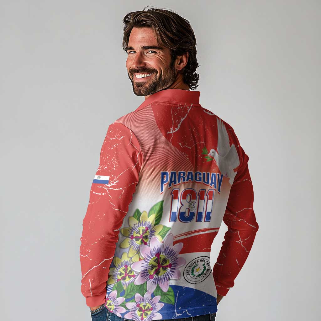 Paraguay 1811 Independence Day Long Sleeve Polo Shirt Grunge Flag Mix Passion Flowers