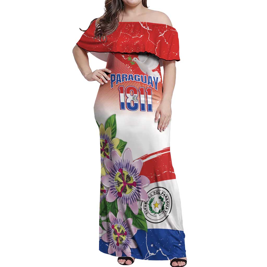 Paraguay 1811 Independence Day Off Shoulder Maxi Dress Grunge Flag Mix Passion Flowers