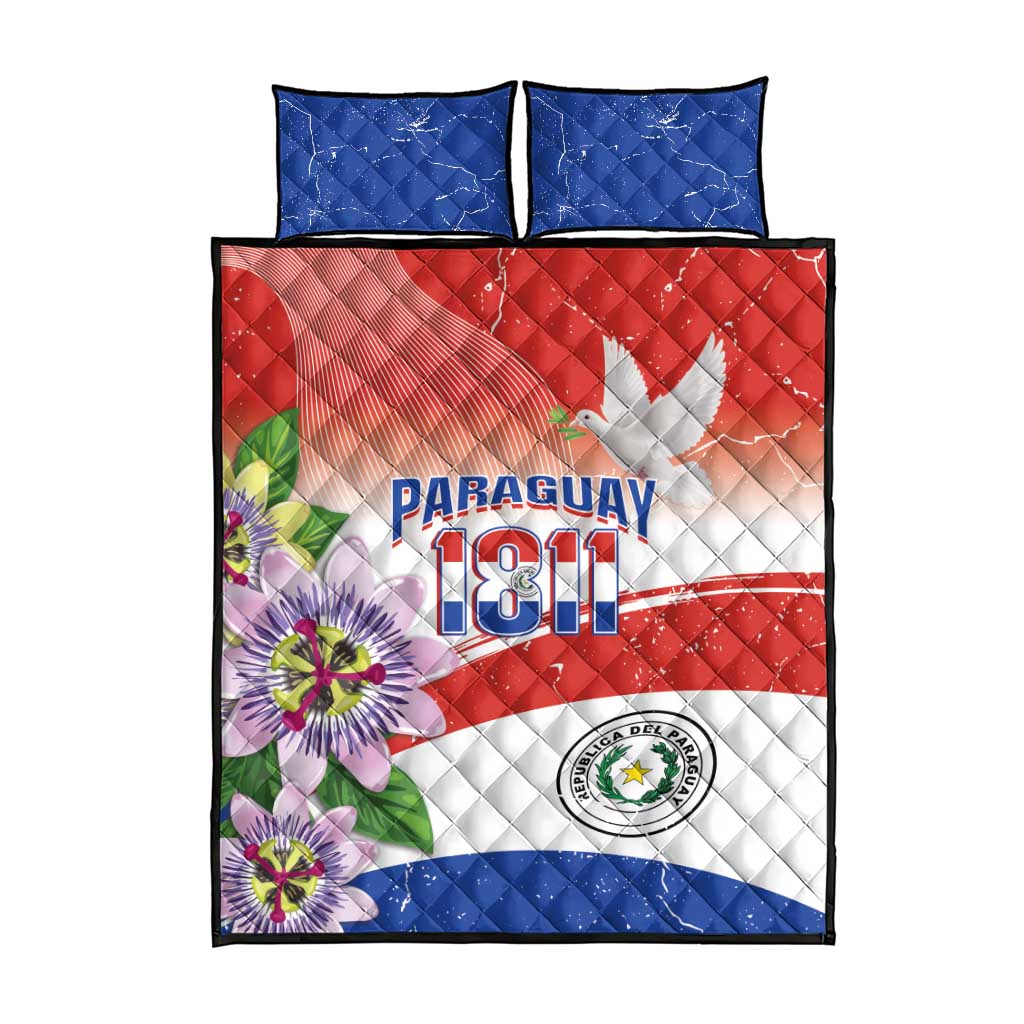 Paraguay 1811 Independence Day Quilt Bed Set Grunge Flag Mix Passion Flowers