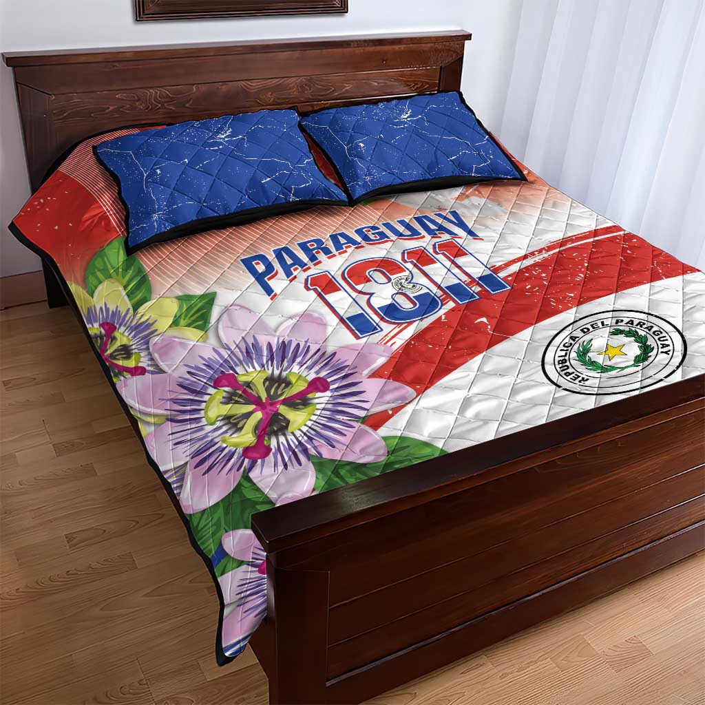 Paraguay 1811 Independence Day Quilt Bed Set Grunge Flag Mix Passion Flowers