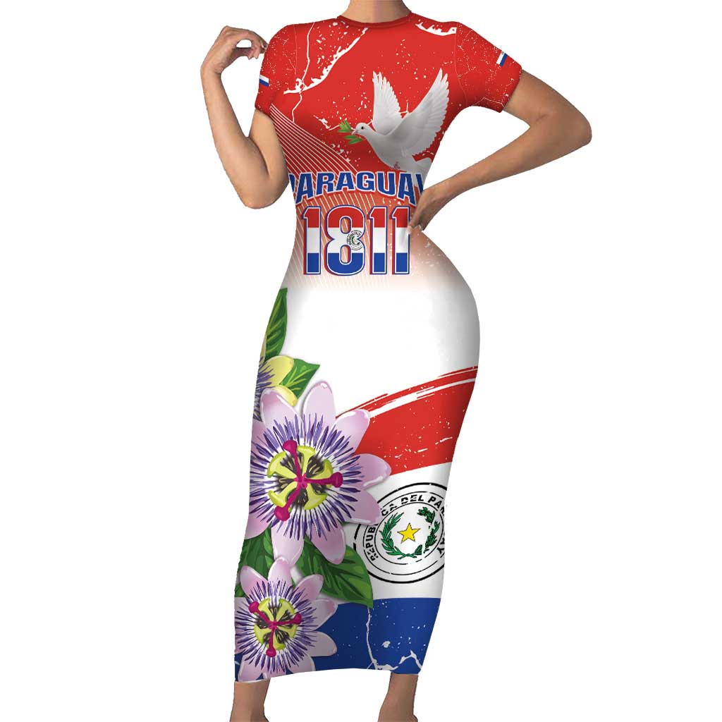 Paraguay 1811 Independence Day Short Sleeve Bodycon Dress Grunge Flag Mix Passion Flowers