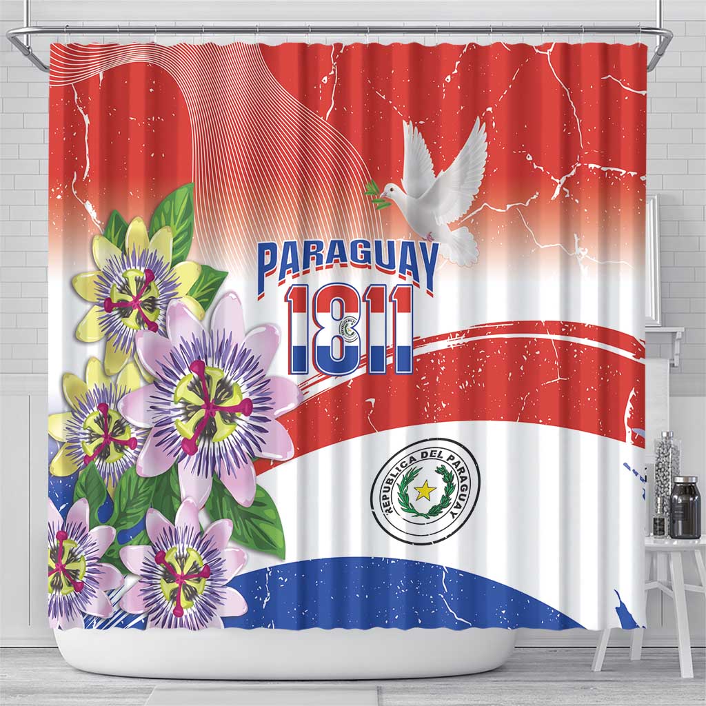 Paraguay 1811 Independence Day Shower Curtain Grunge Flag Mix Passion Flowers