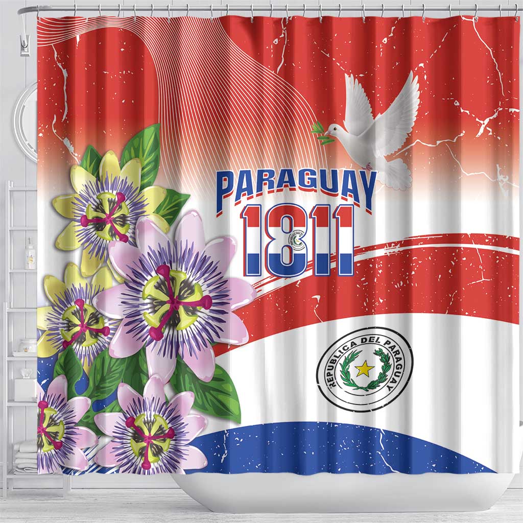 Paraguay 1811 Independence Day Shower Curtain Grunge Flag Mix Passion Flowers