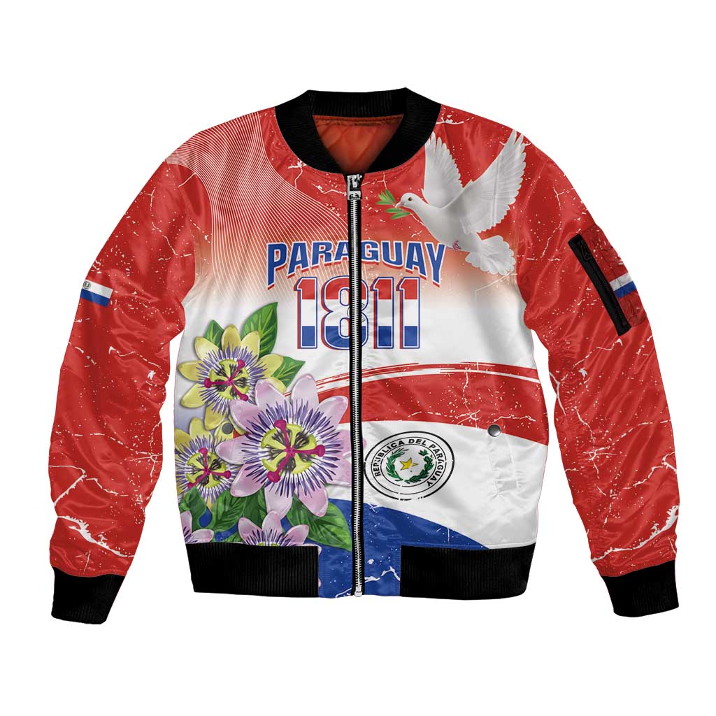 Paraguay 1811 Independence Day Sleeve Zip Bomber Jacket Grunge Flag Mix Passion Flowers