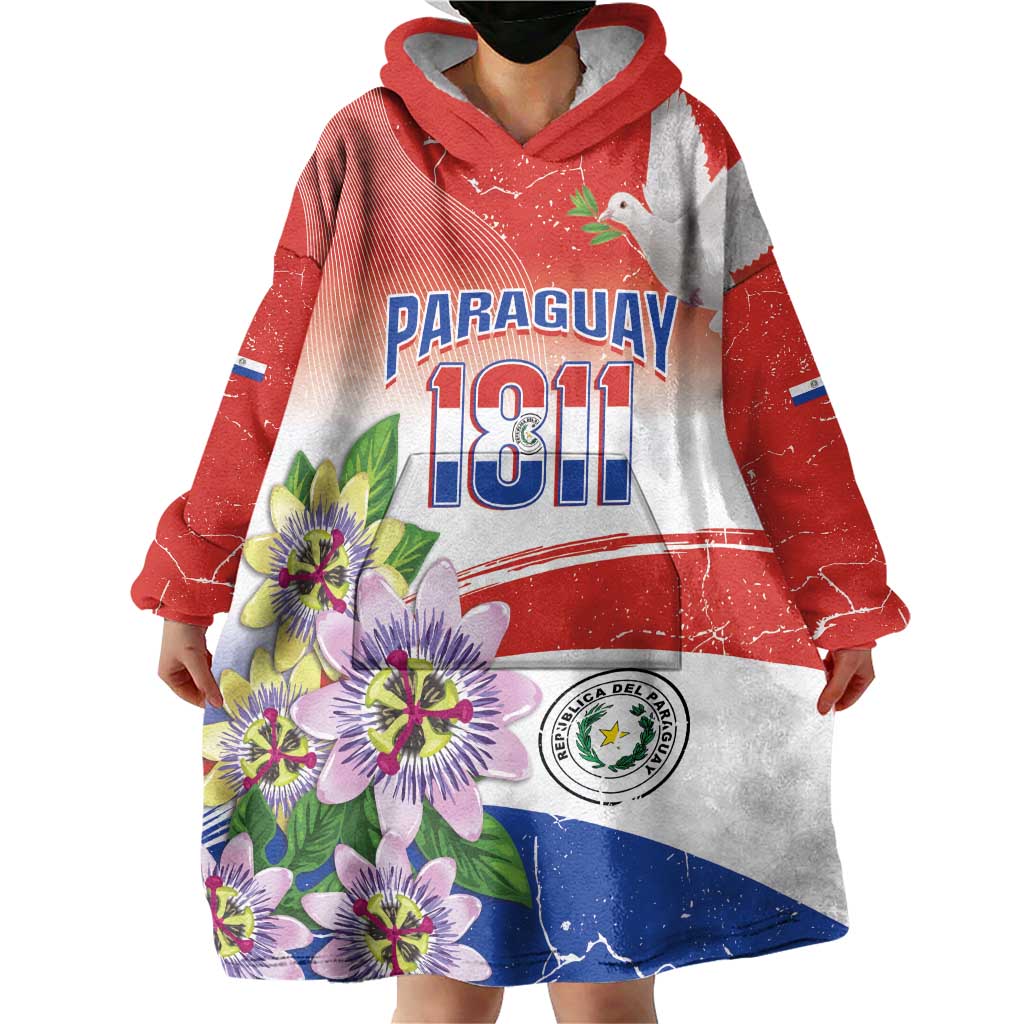 Paraguay 1811 Independence Day Wearable Blanket Hoodie Grunge Flag Mix Passion Flowers