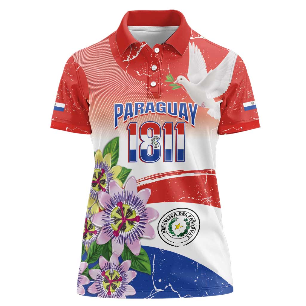 Paraguay 1811 Independence Day Women Polo Shirt Grunge Flag Mix Passion Flowers