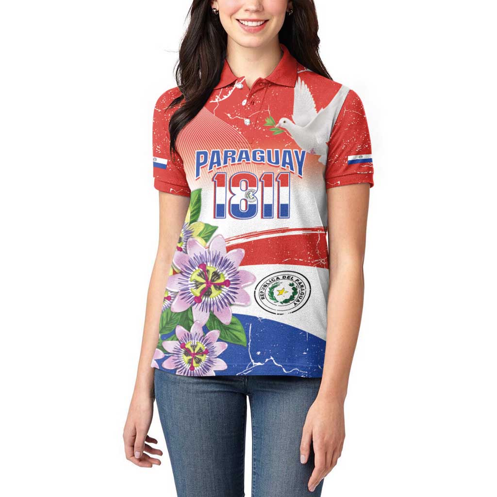 Paraguay 1811 Independence Day Women Polo Shirt Grunge Flag Mix Passion Flowers