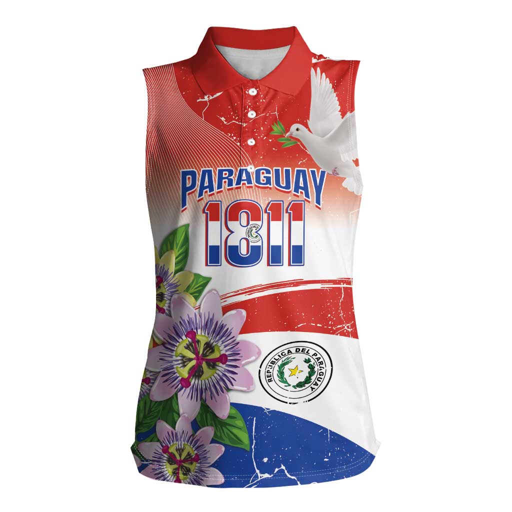 Paraguay 1811 Independence Day Women Sleeveless Polo Shirt Grunge Flag Mix Passion Flowers