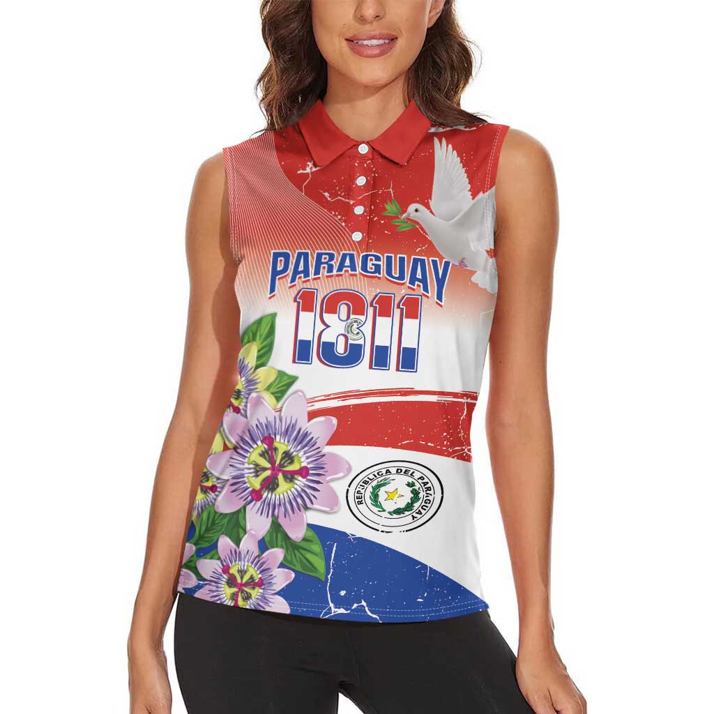 Paraguay 1811 Independence Day Women Sleeveless Polo Shirt Grunge Flag Mix Passion Flowers