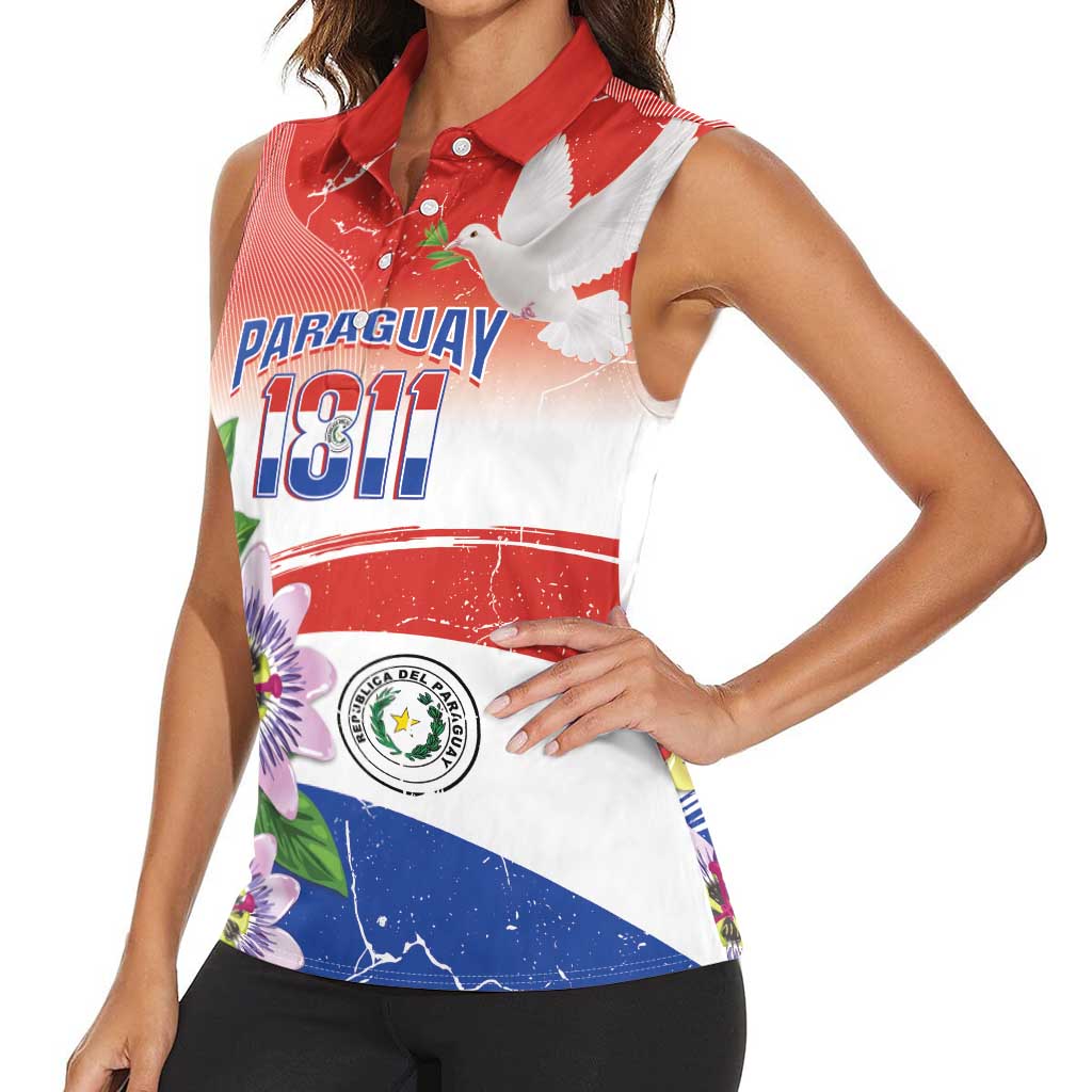 Paraguay 1811 Independence Day Women Sleeveless Polo Shirt Grunge Flag Mix Passion Flowers