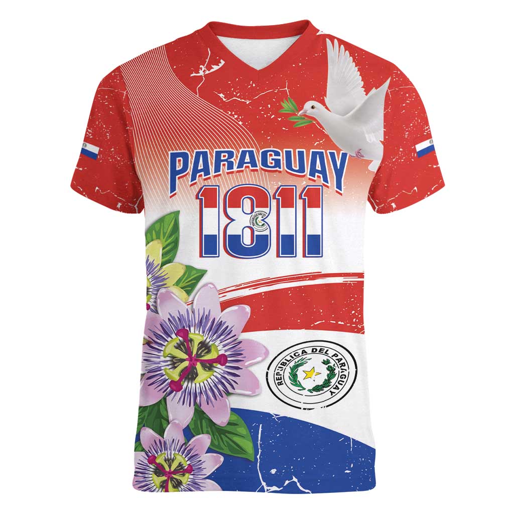 Paraguay 1811 Independence Day Women V-Neck T-Shirt Grunge Flag Mix Passion Flowers