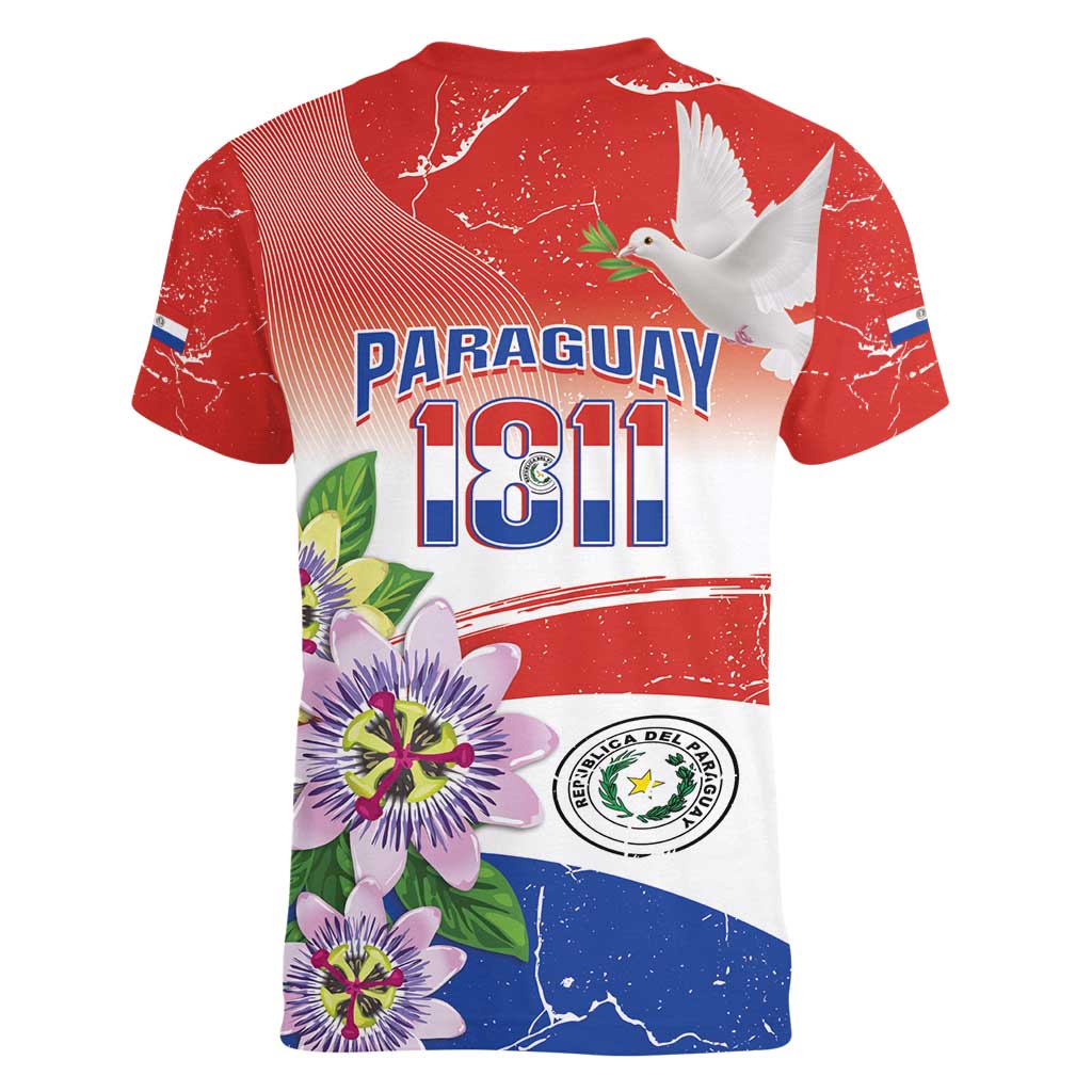 Paraguay 1811 Independence Day Women V-Neck T-Shirt Grunge Flag Mix Passion Flowers