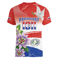 Paraguay 1811 Independence Day Women V-Neck T-Shirt Grunge Flag Mix Passion Flowers