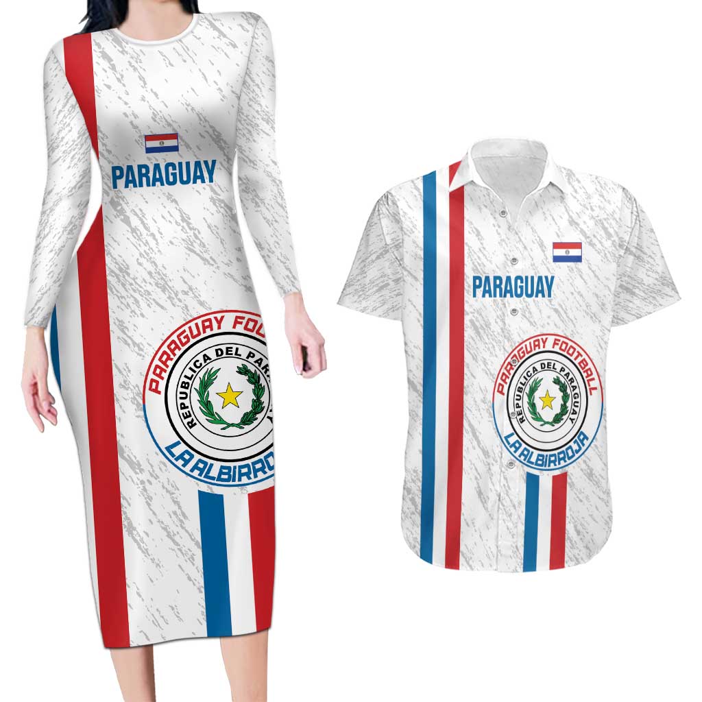 Custom Paraguay Football Couples Matching Long Sleeve Bodycon Dress and Hawaiian Shirt Vamos Albirroja