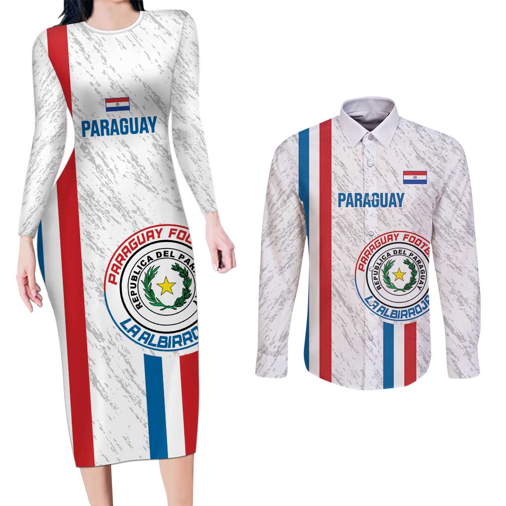 Custom Paraguay Football Couples Matching Long Sleeve Bodycon Dress and Long Sleeve Button Shirt Vamos Albirroja