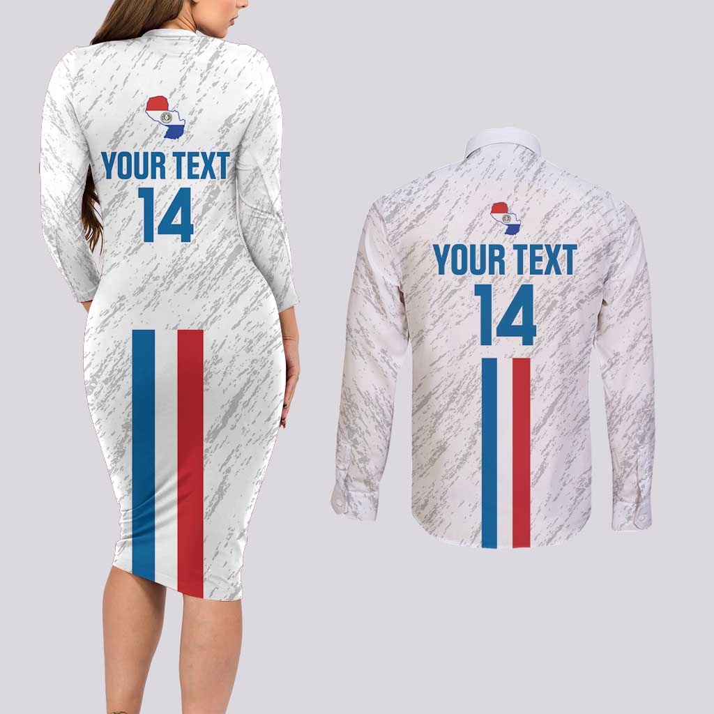 Custom Paraguay Football Couples Matching Long Sleeve Bodycon Dress and Long Sleeve Button Shirt Vamos Albirroja