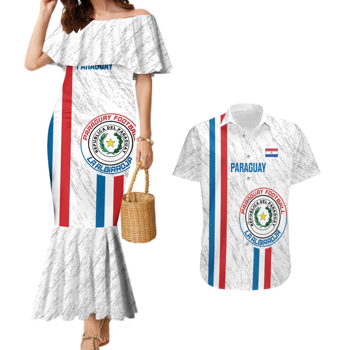 Custom Paraguay Football Couples Matching Mermaid Dress and Hawaiian Shirt Vamos Albirroja