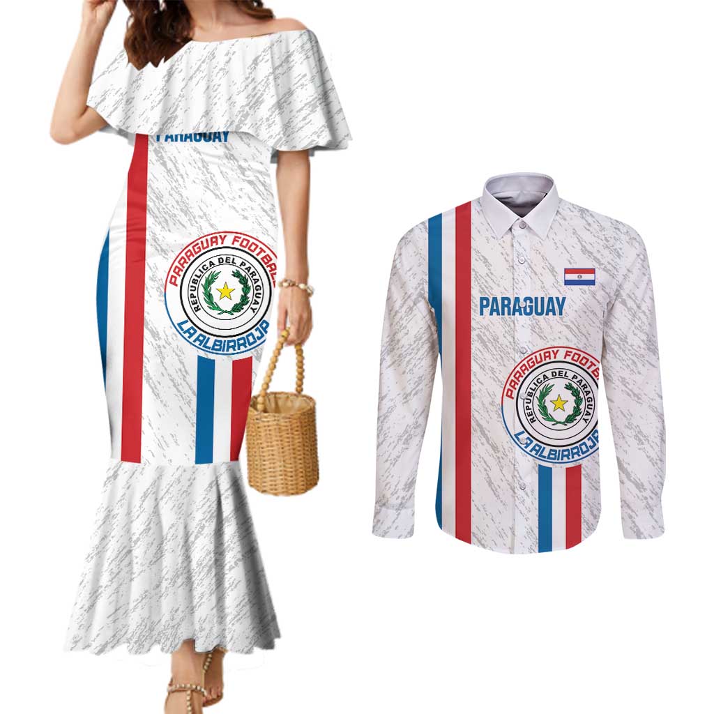 Custom Paraguay Football Couples Matching Mermaid Dress and Long Sleeve Button Shirt Vamos Albirroja