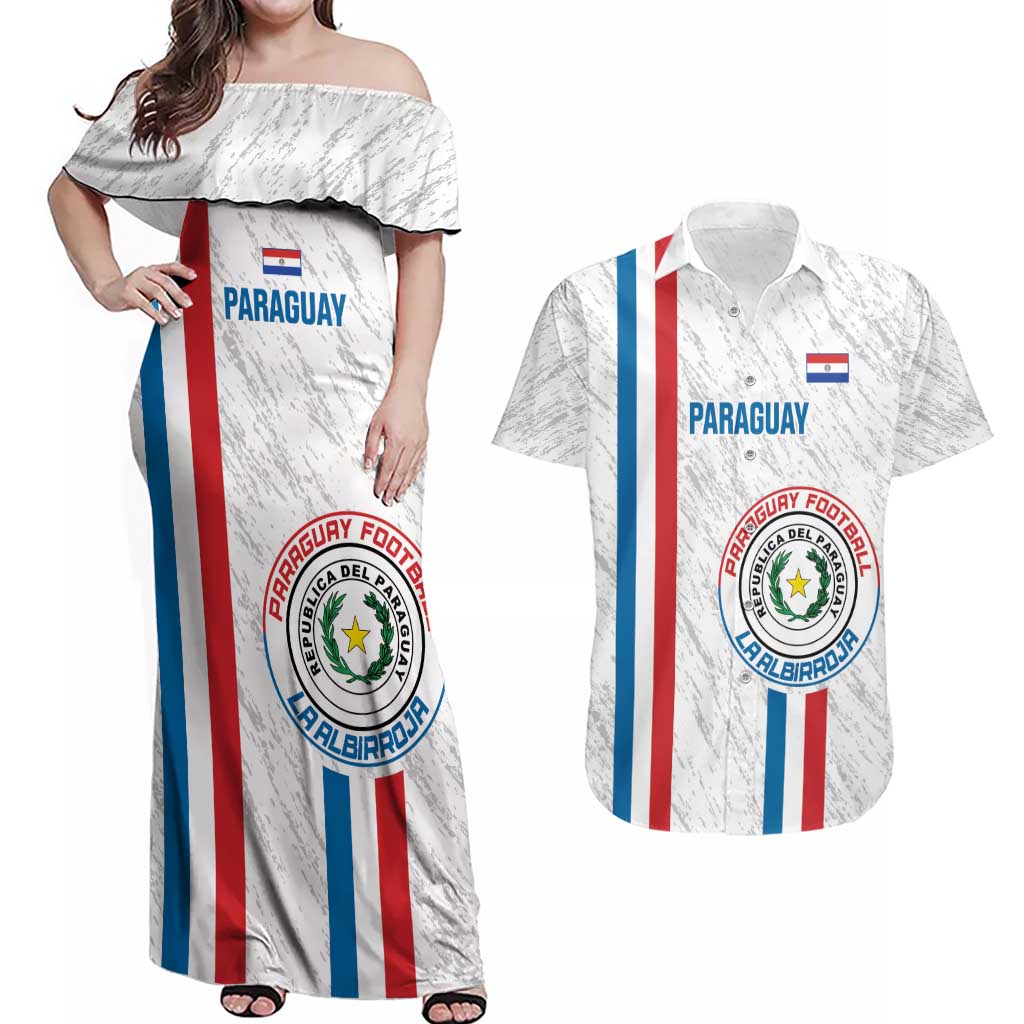 Custom Paraguay Football Couples Matching Off Shoulder Maxi Dress and Hawaiian Shirt Vamos Albirroja