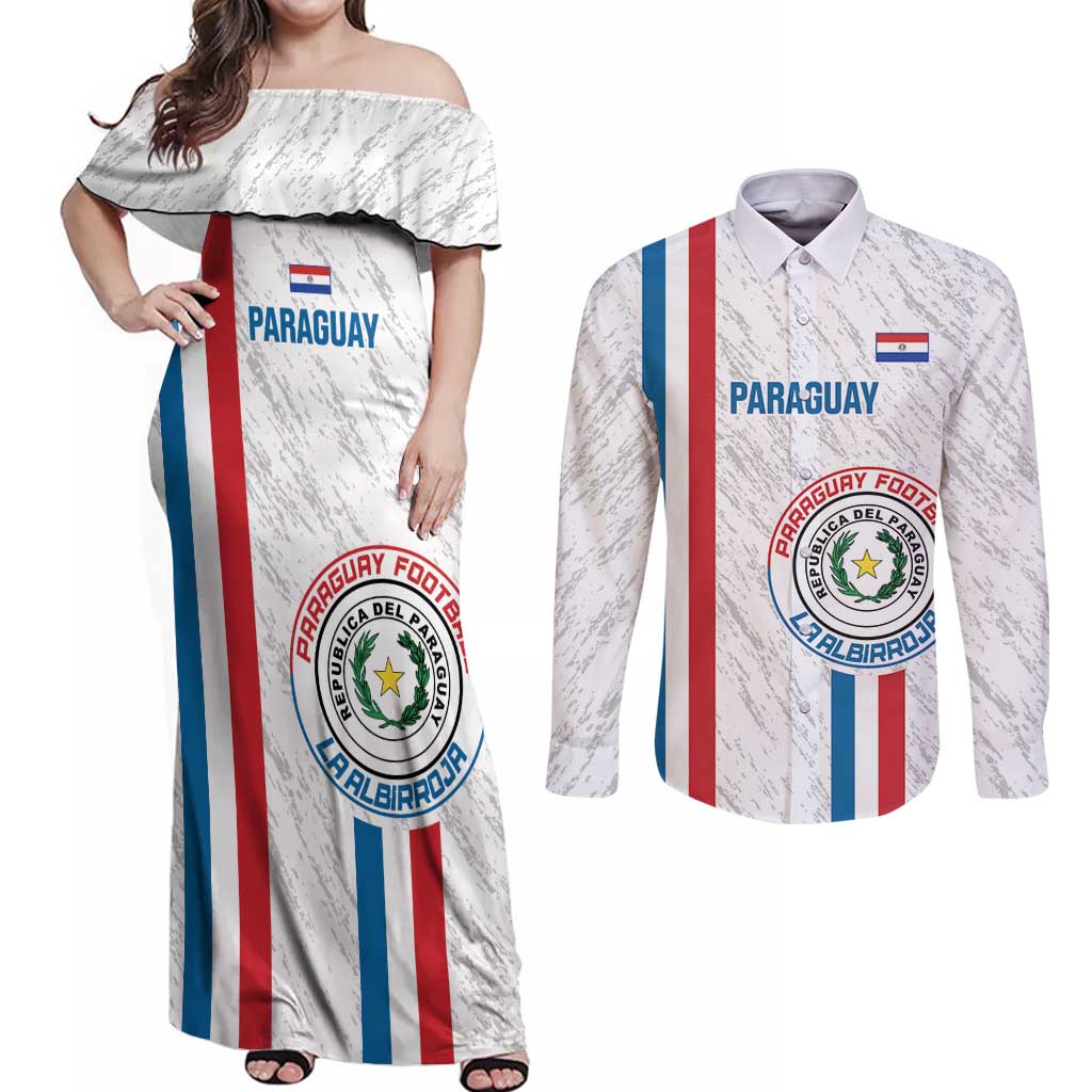 Custom Paraguay Football Couples Matching Off Shoulder Maxi Dress and Long Sleeve Button Shirt Vamos Albirroja