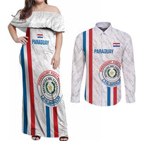 Custom Paraguay Football Couples Matching Off Shoulder Maxi Dress and Long Sleeve Button Shirt Vamos Albirroja