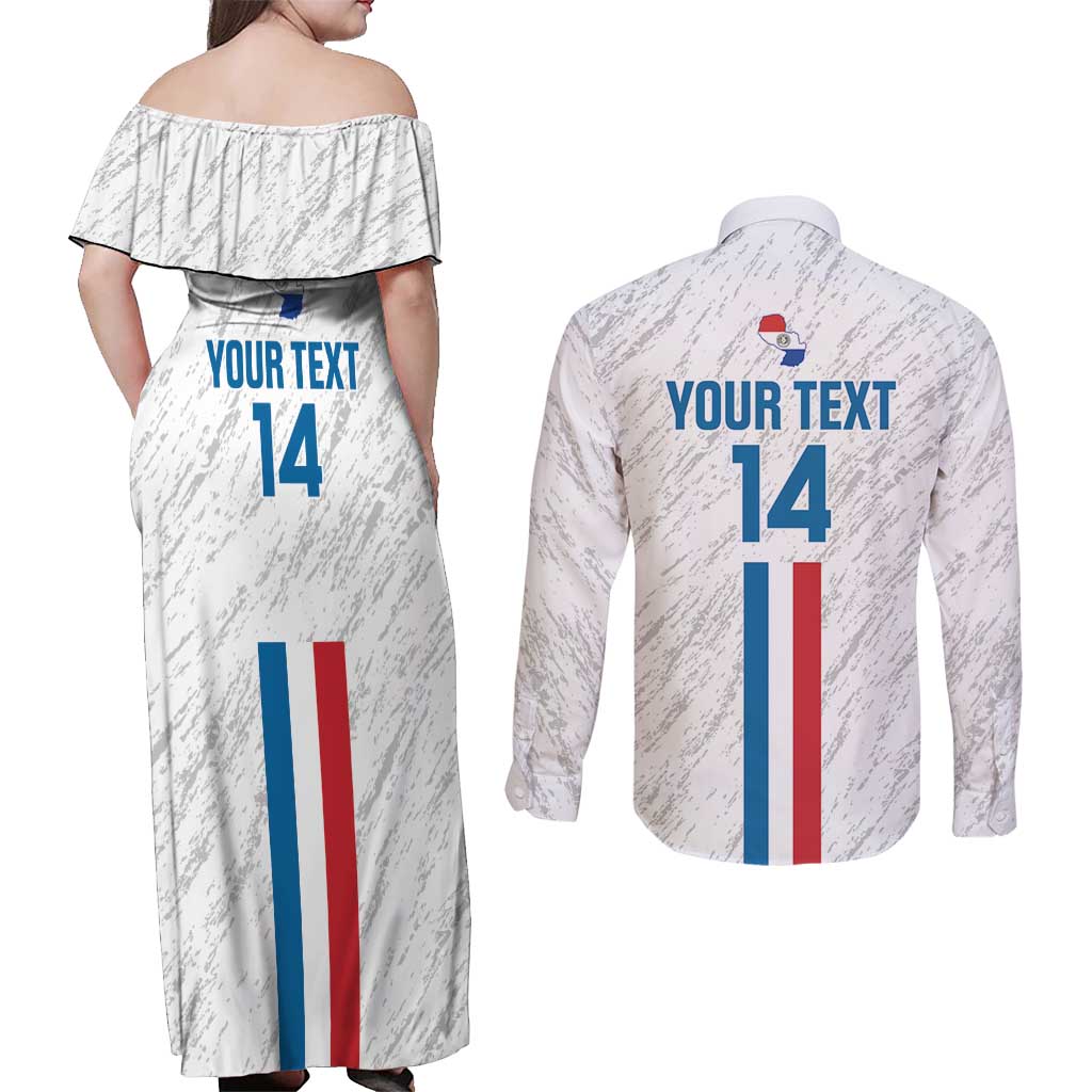 Custom Paraguay Football Couples Matching Off Shoulder Maxi Dress and Long Sleeve Button Shirt Vamos Albirroja