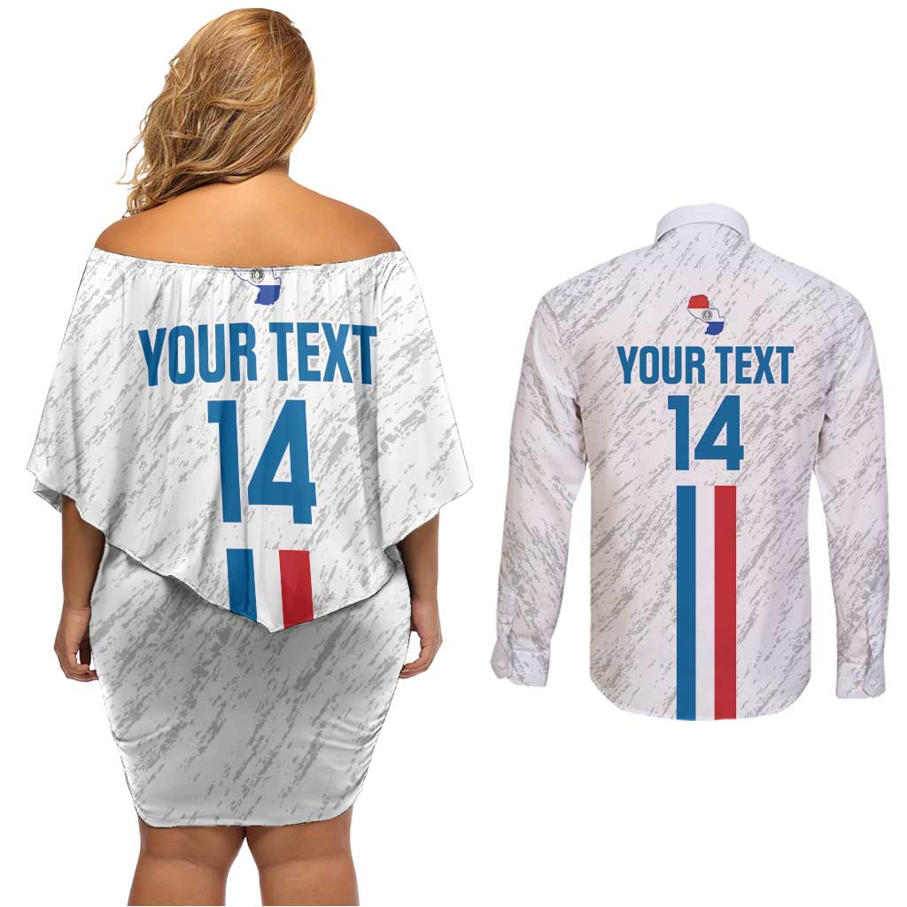 Custom Paraguay Football Couples Matching Off Shoulder Short Dress and Long Sleeve Button Shirt Vamos Albirroja
