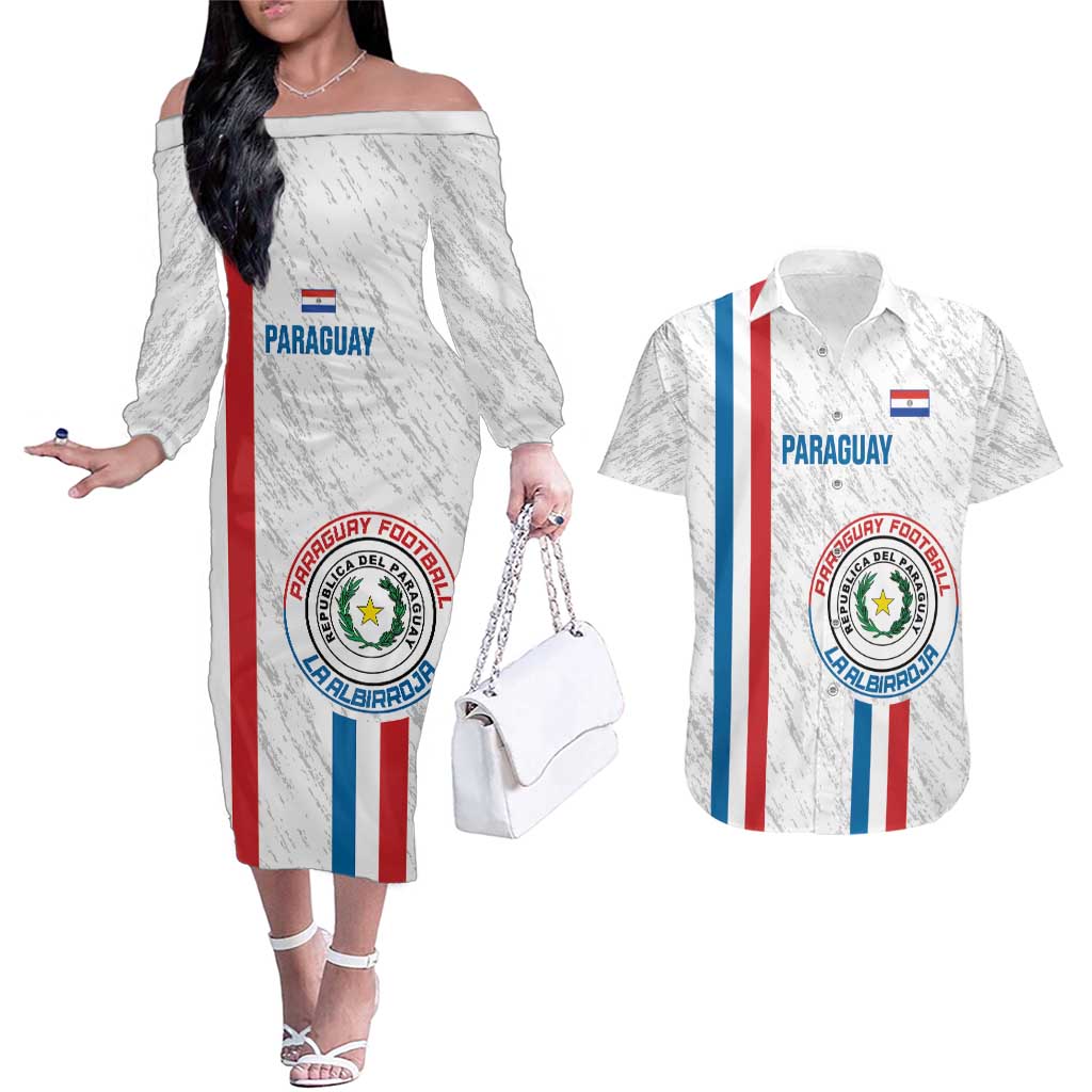 Custom Paraguay Football Couples Matching Off The Shoulder Long Sleeve Dress and Hawaiian Shirt Vamos Albirroja