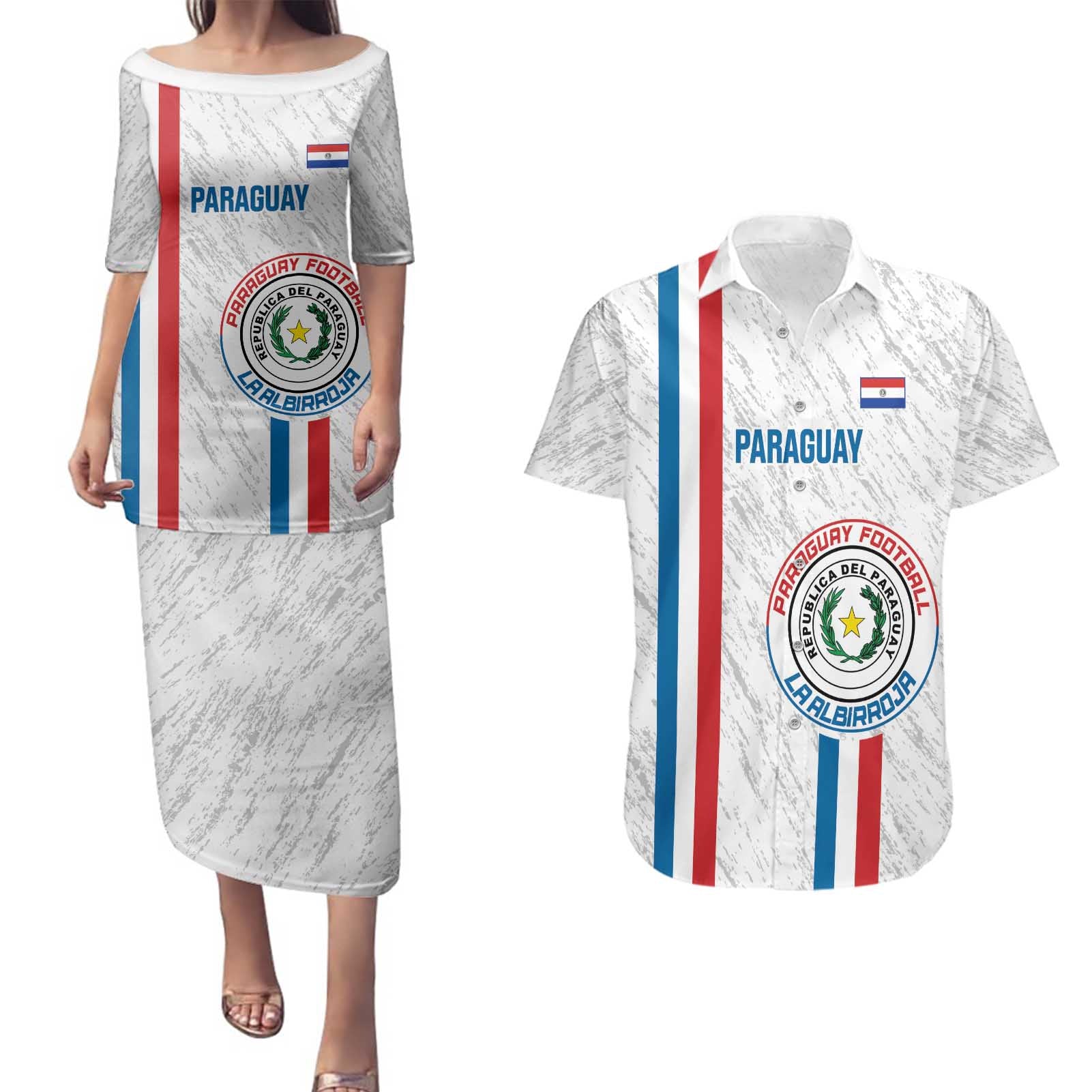 Custom Paraguay Football Couples Matching Puletasi and Hawaiian Shirt Vamos Albirroja