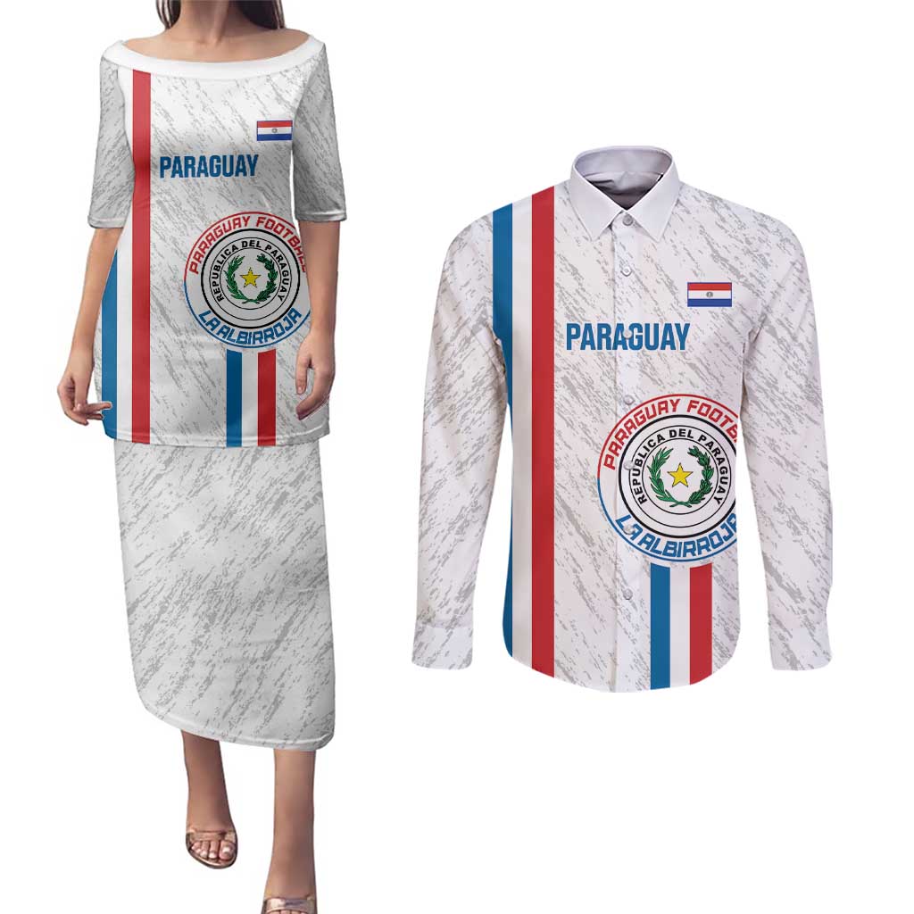Custom Paraguay Football Couples Matching Puletasi and Long Sleeve Button Shirt Vamos Albirroja