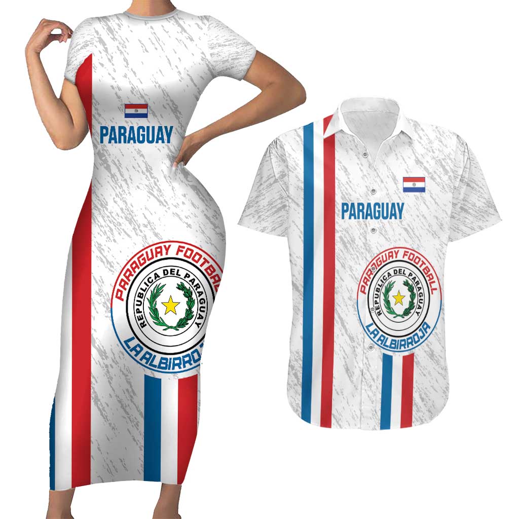 Custom Paraguay Football Couples Matching Short Sleeve Bodycon Dress and Hawaiian Shirt Vamos Albirroja