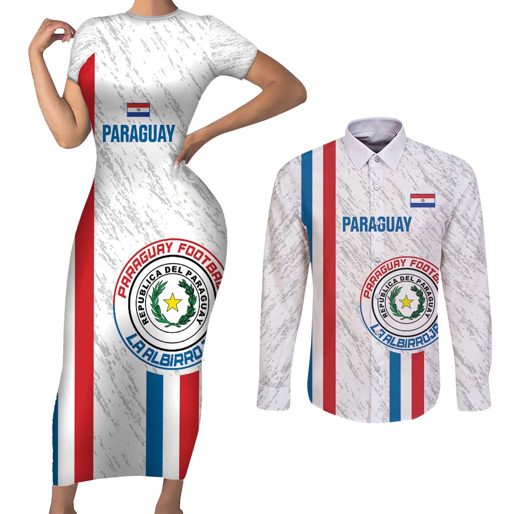 Custom Paraguay Football Couples Matching Short Sleeve Bodycon Dress and Long Sleeve Button Shirt Vamos Albirroja