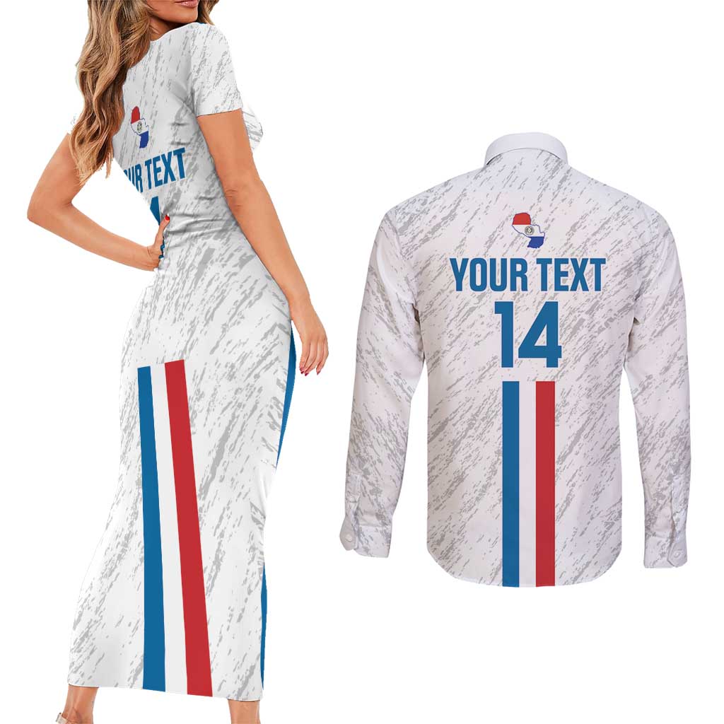 Custom Paraguay Football Couples Matching Short Sleeve Bodycon Dress and Long Sleeve Button Shirt Vamos Albirroja