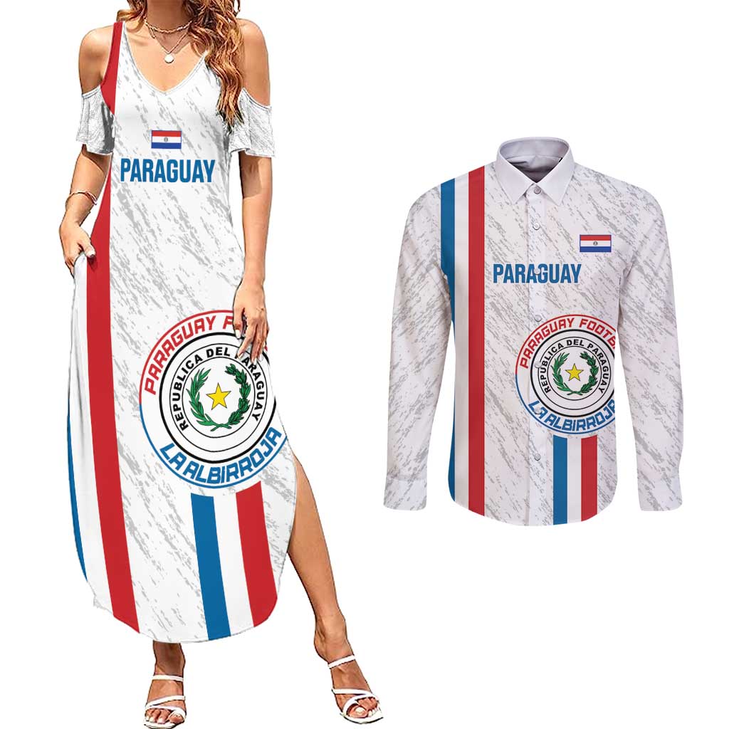 Custom Paraguay Football Couples Matching Summer Maxi Dress and Long Sleeve Button Shirt Vamos Albirroja