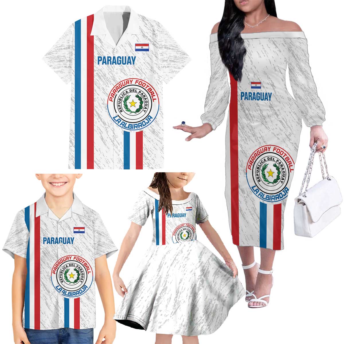 Custom Paraguay Football Family Matching Off The Shoulder Long Sleeve Dress and Hawaiian Shirt Vamos Albirroja