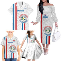 Custom Paraguay Football Family Matching Off The Shoulder Long Sleeve Dress and Hawaiian Shirt Vamos Albirroja