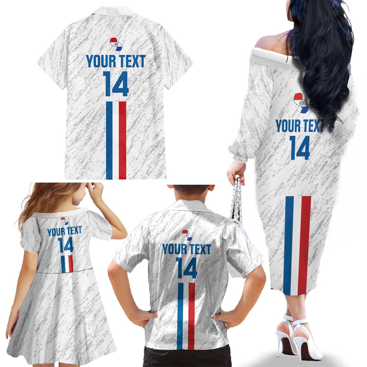 Custom Paraguay Football Family Matching Off The Shoulder Long Sleeve Dress and Hawaiian Shirt Vamos Albirroja