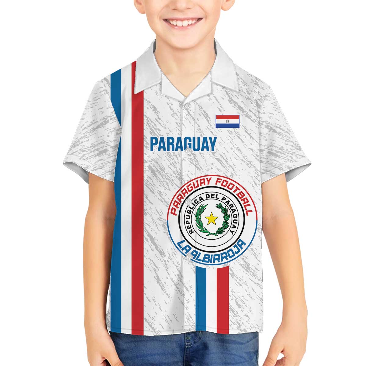 Custom Paraguay Football Family Matching Off The Shoulder Long Sleeve Dress and Hawaiian Shirt Vamos Albirroja
