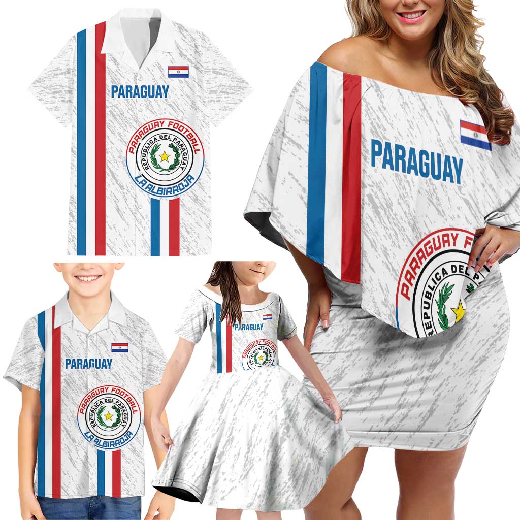 Custom Paraguay Football Family Matching Off Shoulder Short Dress and Hawaiian Shirt Vamos Albirroja