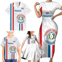 Custom Paraguay Football Family Matching Short Sleeve Bodycon Dress and Hawaiian Shirt Vamos Albirroja