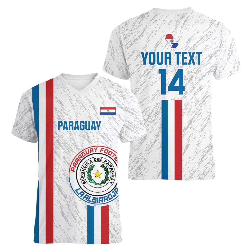Custom Paraguay Football Women V-Neck T-Shirt Vamos Albirroja