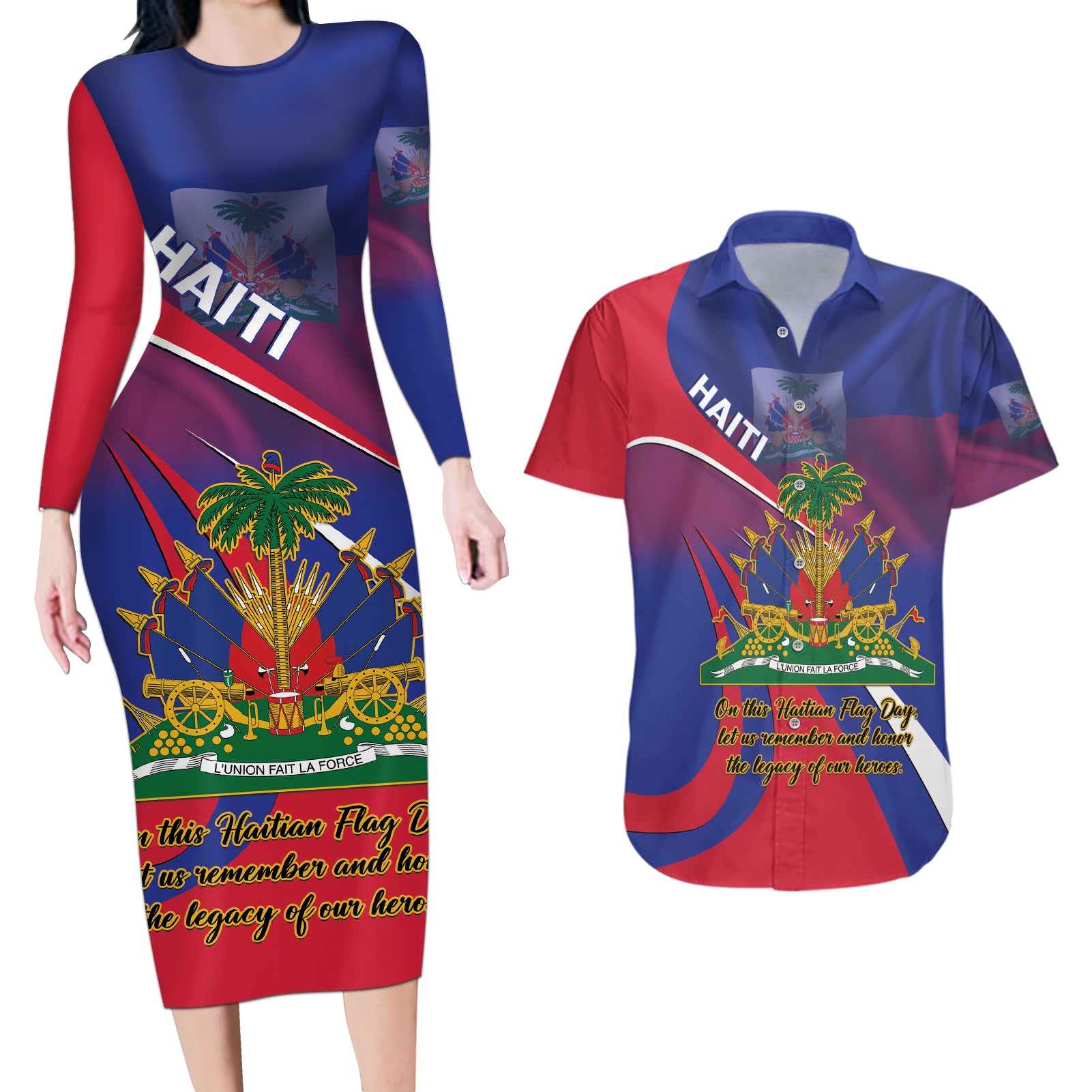 Personalised Haiti Flag Day Couples Matching Long Sleeve Bodycon Dress and Hawaiian Shirt Lest Us Remember Our Heroes