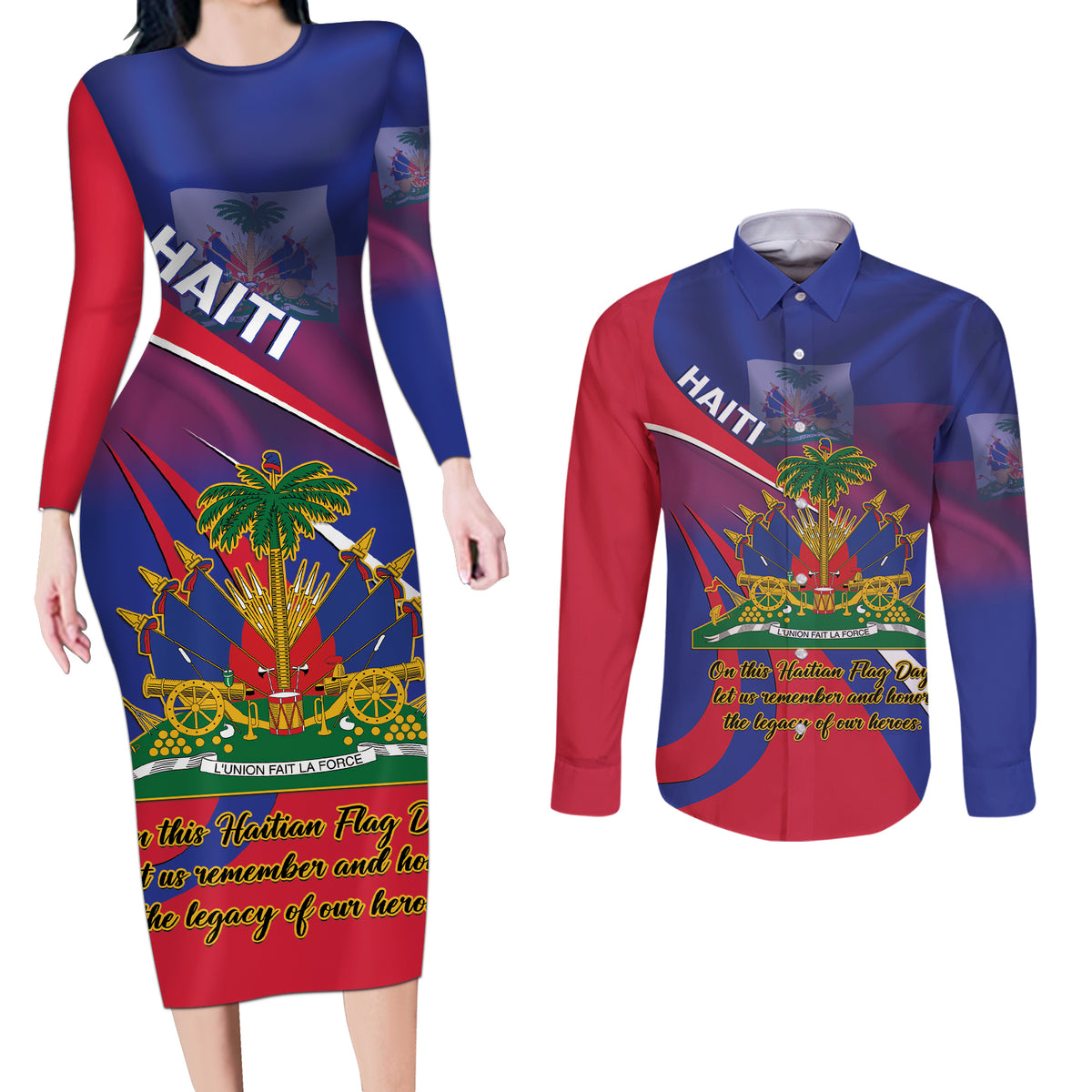 Personalised Haiti Flag Day Couples Matching Long Sleeve Bodycon Dress and Long Sleeve Button Shirt Lest Us Remember Our Heroes - Wonder Print Shop