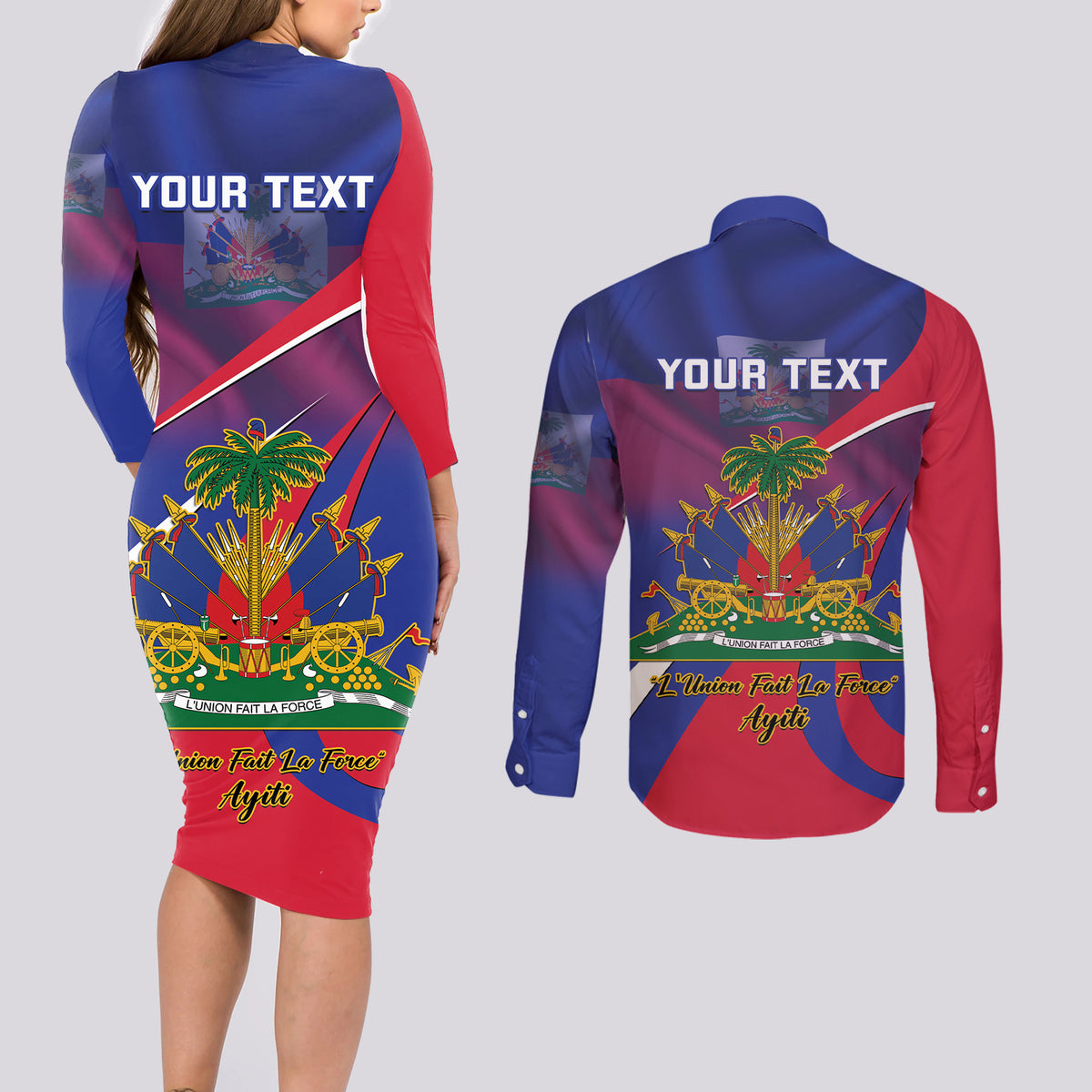 Personalised Haiti Flag Day Couples Matching Long Sleeve Bodycon Dress and Long Sleeve Button Shirt Lest Us Remember Our Heroes - Wonder Print Shop
