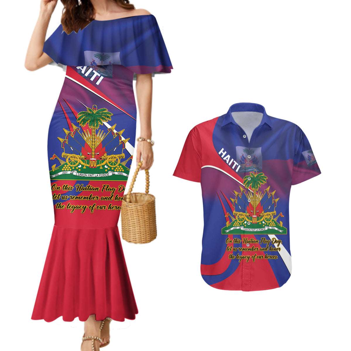 Personalised Haiti Flag Day Couples Matching Mermaid Dress and Hawaiian Shirt Lest Us Remember Our Heroes