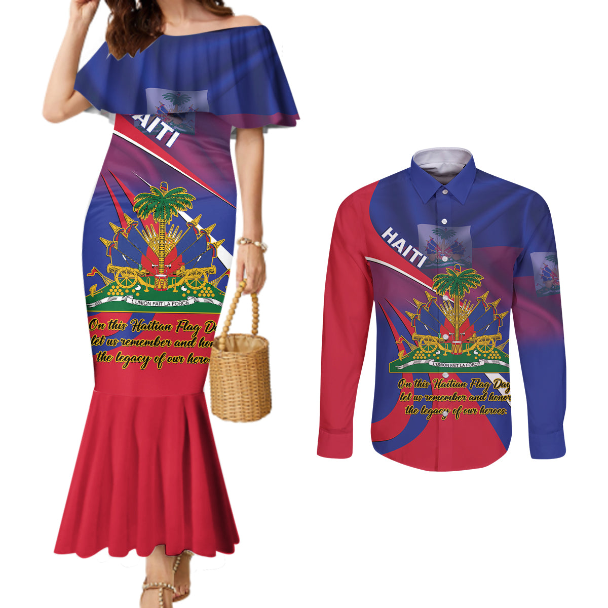 Personalised Haiti Flag Day Couples Matching Mermaid Dress and Long Sleeve Button Shirt Lest Us Remember Our Heroes
