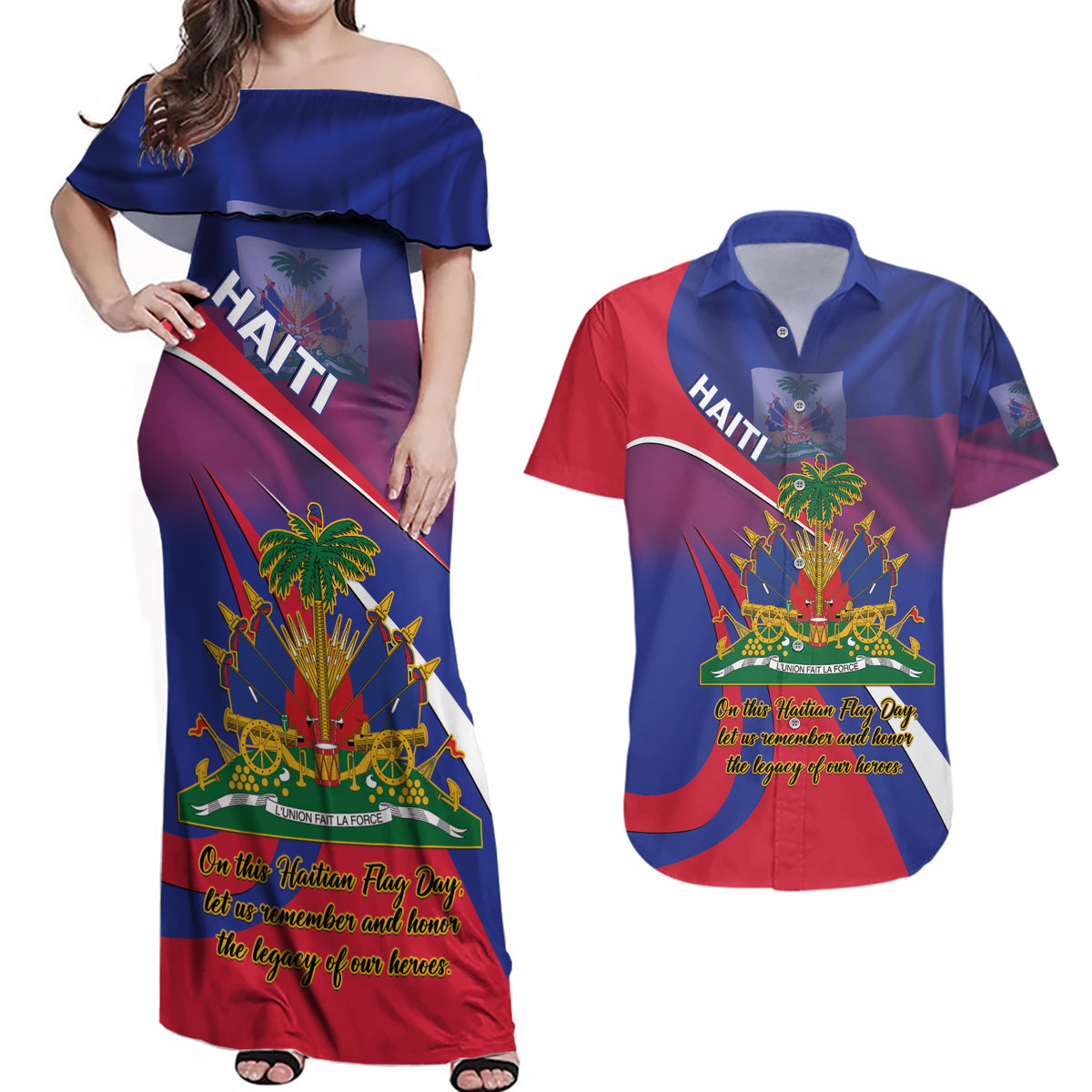 Personalised Haiti Flag Day Couples Matching Off Shoulder Maxi Dress and Hawaiian Shirt Lest Us Remember Our Heroes - Wonder Print Shop
