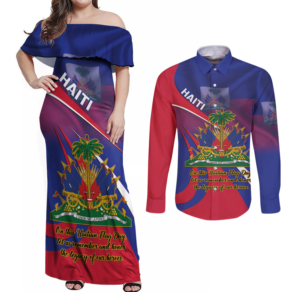 Personalised Haiti Flag Day Couples Matching Off Shoulder Maxi Dress and Long Sleeve Button Shirt Lest Us Remember Our Heroes